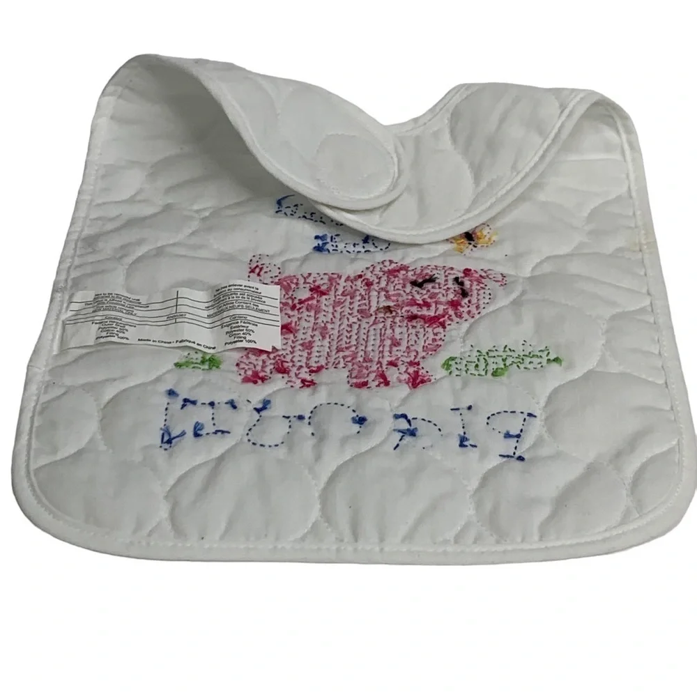 Oink Oink PIG OUT Handcrafted Cross Stitch Pink Pig’s Expression Above White Bib